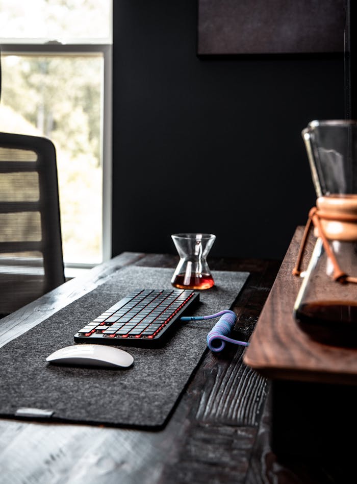 Modern workspace featuring a sleek keyboard, mouse, and coffee setup on a wooden desk.